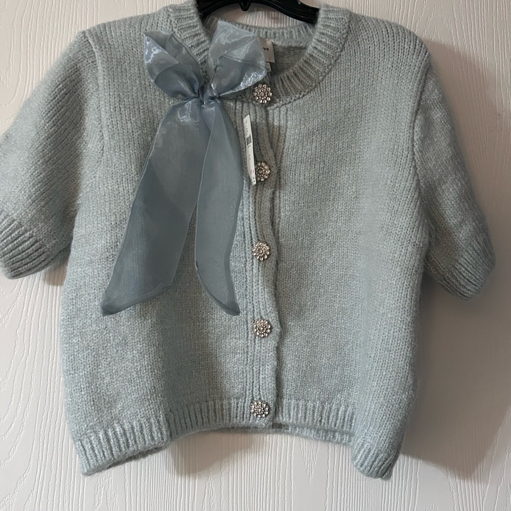 Maeve Pale Blue Short-Sleeve Knit Cardigan with Organza Bow